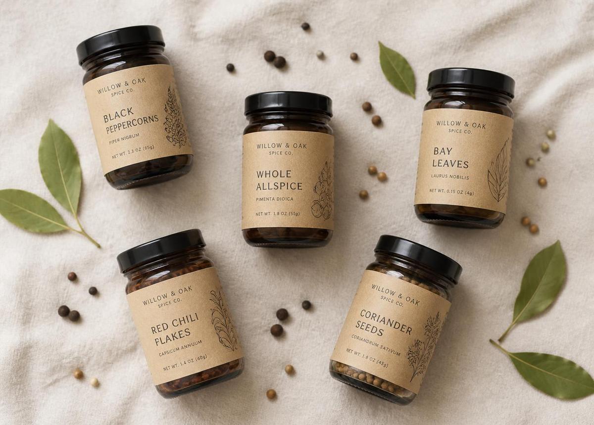 Amber glass spice jars with kraft labels from the Rooz pantry range
