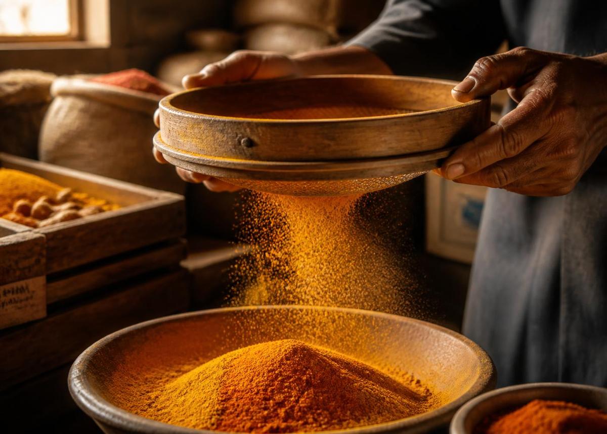 Turmeric being sifted by hand through a wooden sieve at the Rooz mill